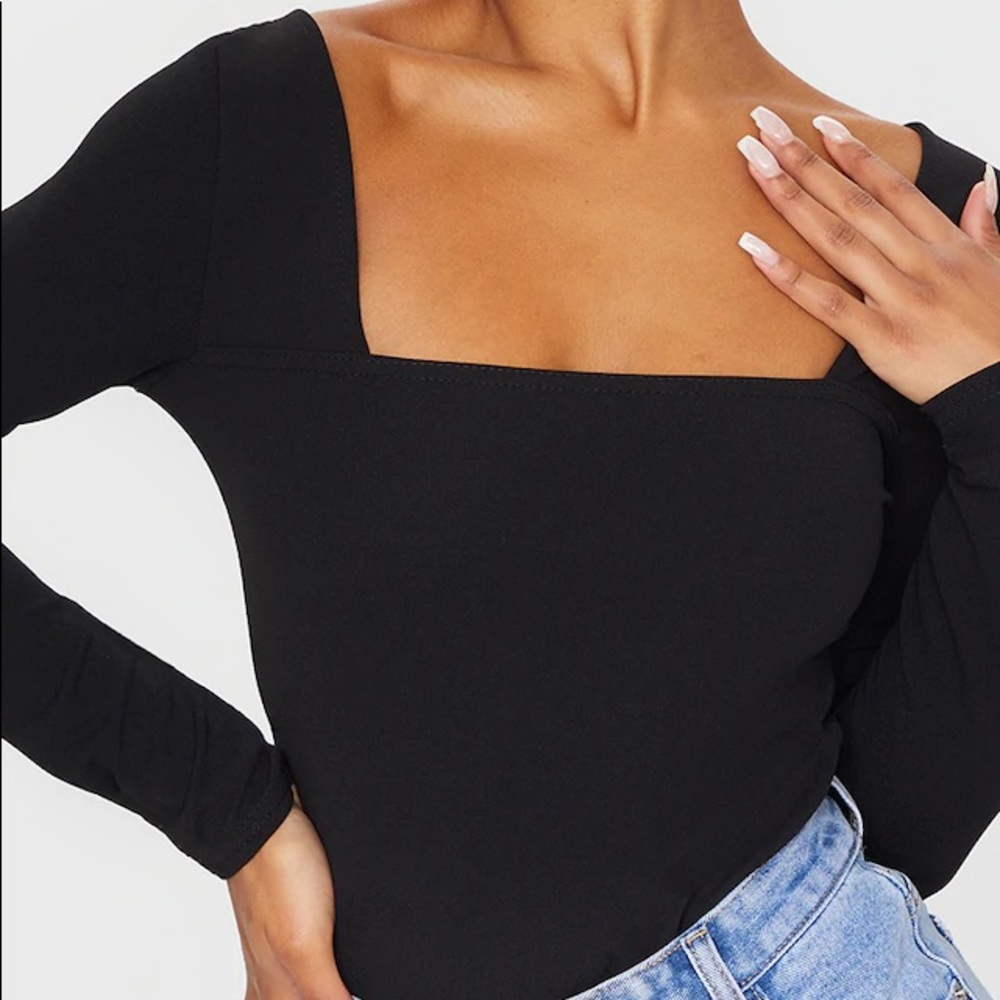 prettylittlething black square neck thong bodysuit